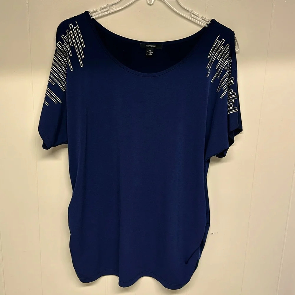 Espresso Royal Blue Cold-shoulder Blouse with silver accents. Gathers at side